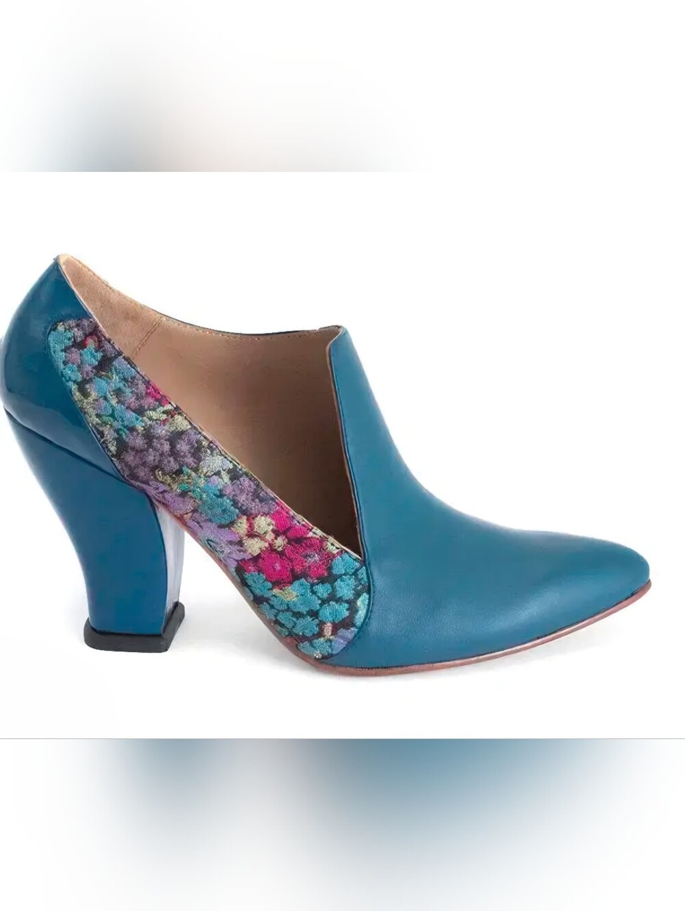 NEW John Fluevog Teal Leather Pump with Multicolor Floral Inset Size 10